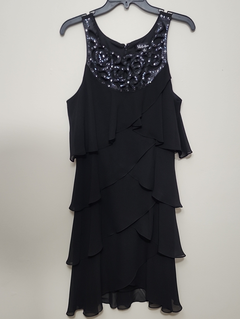 S.L. Fashions Black Tiered Chiffon Cocktail Dress Sequin Neckline Party Holiday